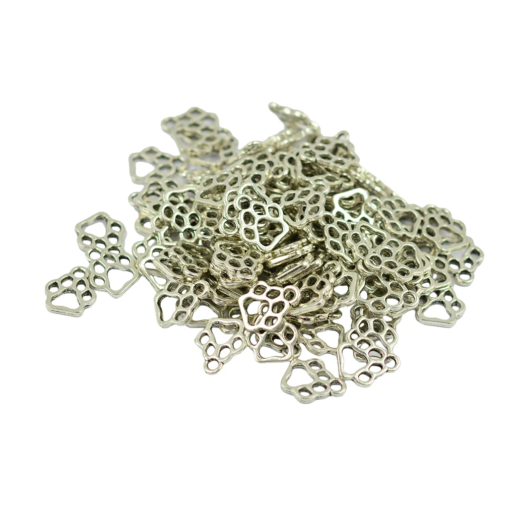 100 pcs Lovely Filigree Puppy Paw Charms Dog Print Pendant for necklace expandable Jewelry DIY Findings-Antique Silver Color