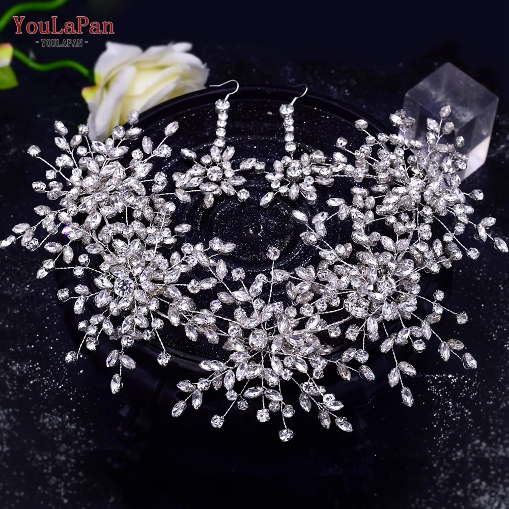 Youlapan HP389 Luxe Hoofdband Strass Bruids Haar Hoepel Tiara Handgemaakte Hoofddeksels Met Oorbel Bruiloft Accessoires Sieraden