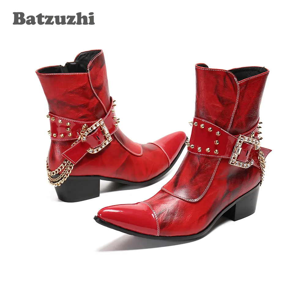 Batzuzhi Punk Western Cowboy Boots Genuine Leather Ankle Boots for Men's Party and Wedding Red Punk Botas Hombre,Big Sizes EU46