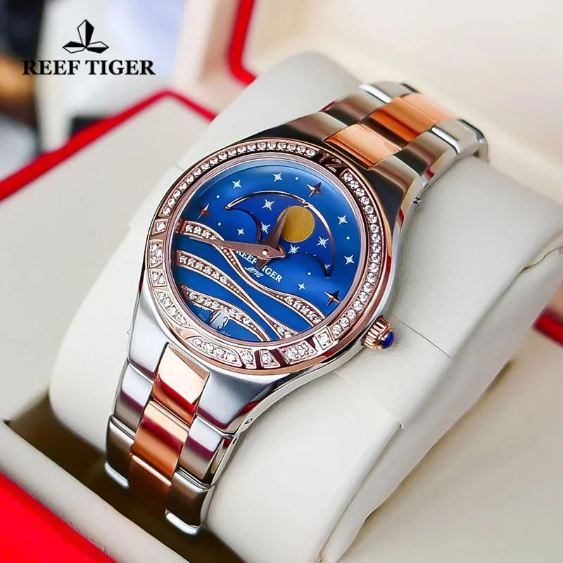 Reef Tiger/RT Luxury Quartz Women WristWatch Blue Dial Moon Phase Watch Rose Gold Tone Sapphire Crystal Watches