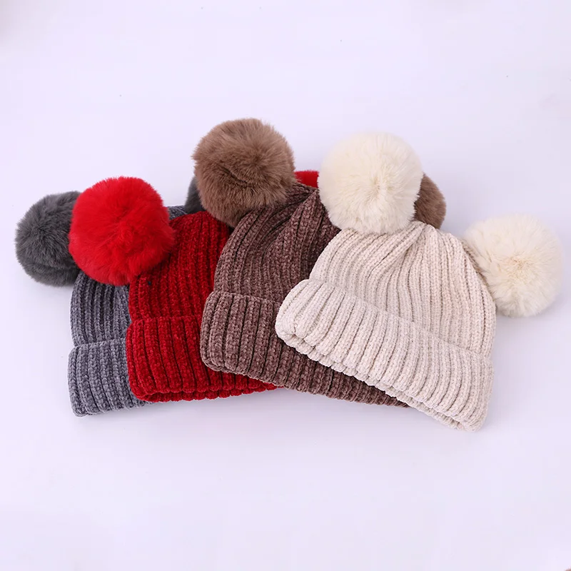 Cute Baby Pompon Hat Scarf Set Thicken Warmer Children Hat Scarf For Girls And Boys Knitted Kids Caps With Lining Two Piece Sets