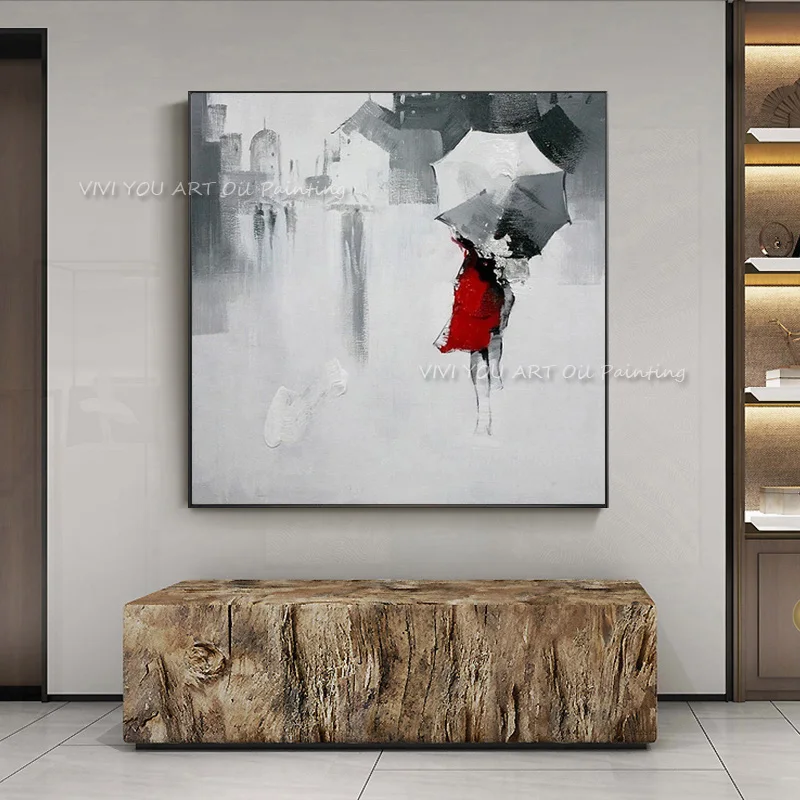 

100% Handmade Oil Painting on Canvas Abstract Modern Beautiful Red Lady Girl with Umbrella Wall Art for Home Decoration No Frame