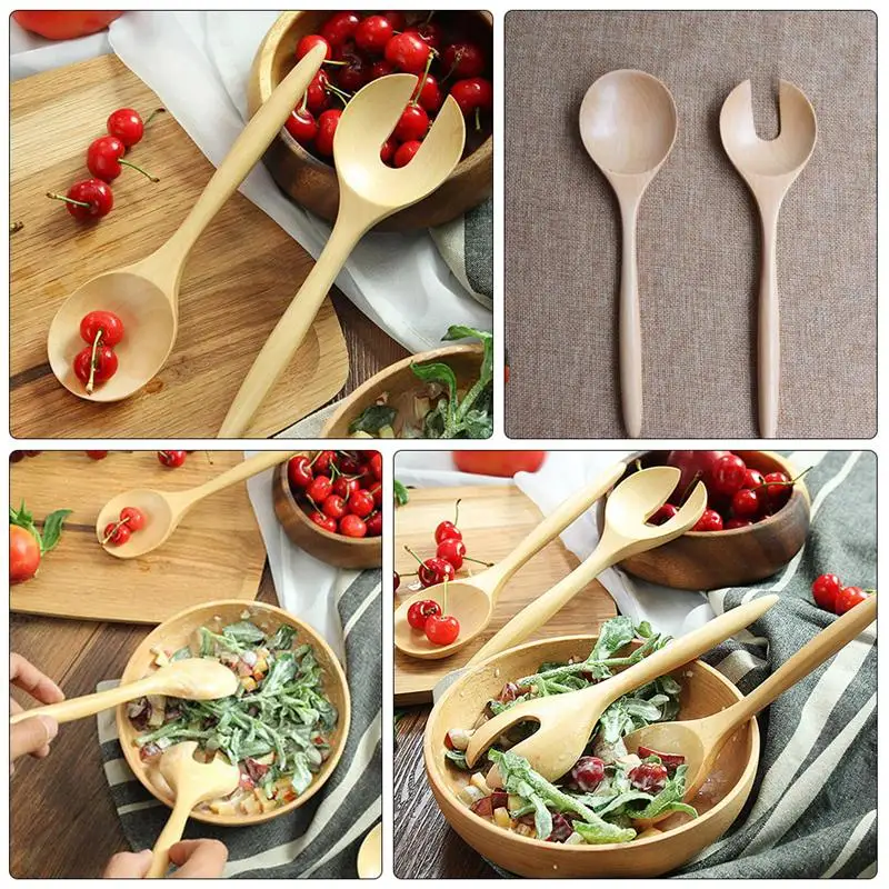 Salad Spoon Fork Serving Utensils Spoons Wooden Tongs Wood Dinner Mixing Set Servers Bamboo Hands Cooking Appetizer Dessert