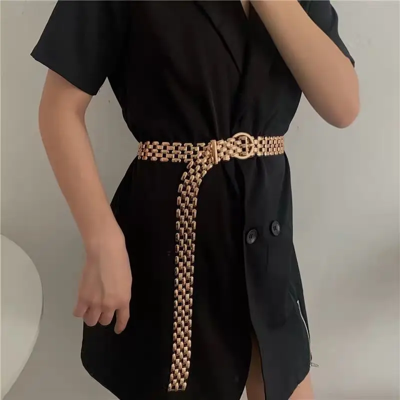 Luxury Fashion Punk Waist Chain Elegant Gold Silver Metal Chain Strap Pin Buckle Gold Women Waist Chain Hip-hop Women Belt