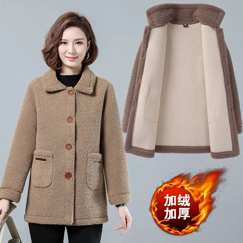 Women Autumn Winter Lambswool Coat  New Middle-aged Mother Fleece Jacket Add Velvet/No Velvet Overcoat  5XLA582