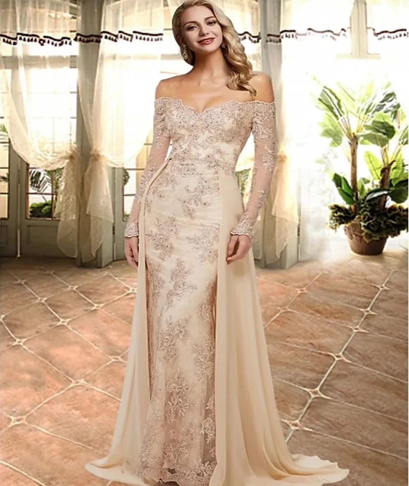 2024 Luxurious Champagne Women's Evening Dress Off the Shoulder Prom Night Party Gown Vestidos De Fiesta De Noche Largos