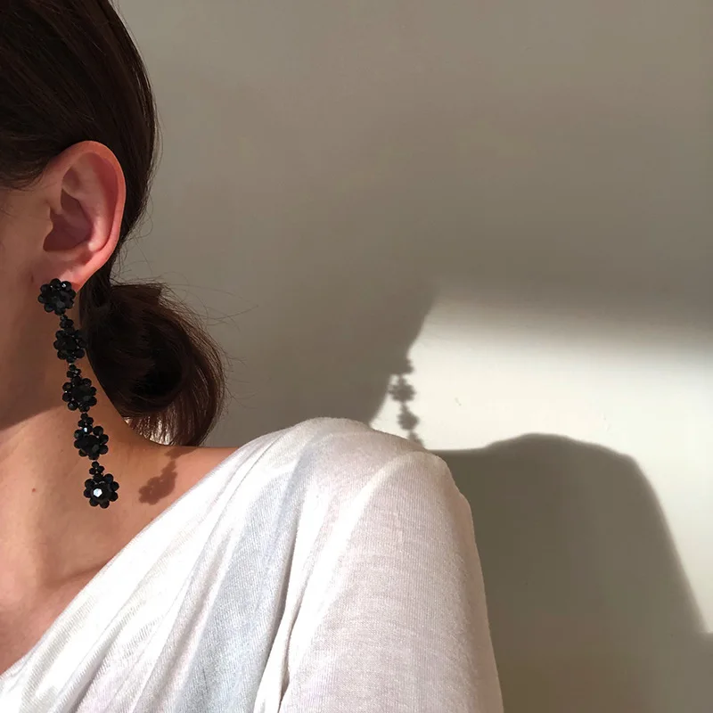 HangZhi 2020 New Korean Black White Transparent Crystal Flower Beaded Tassel Long Drop Earrings for Women Girls Party Jewelry