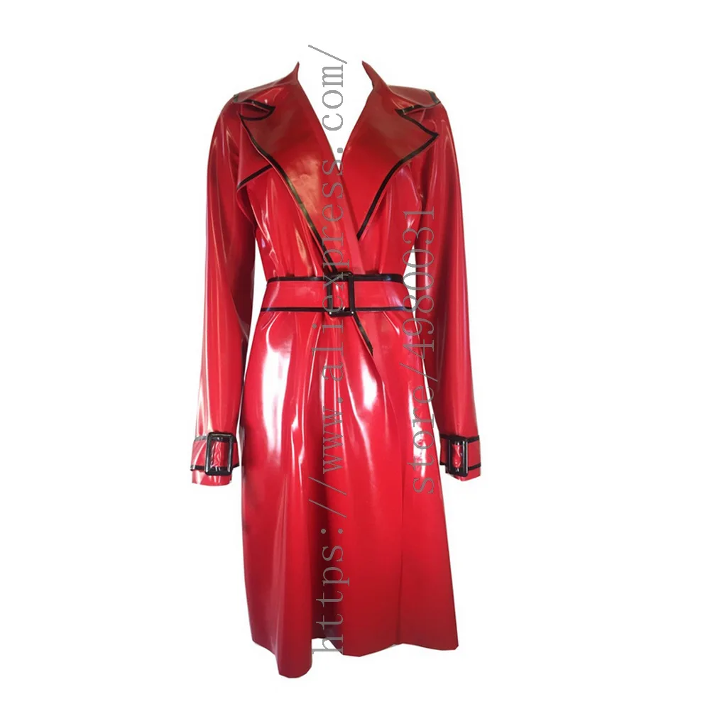 Shiny & loose style red long latex coat women's latex windbreaker with black trims decorations