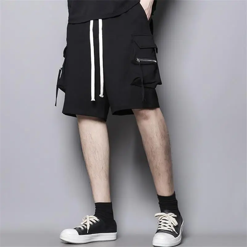 Summer dark black fashion tether pants zipper pocket overalls elastic waist casual pants men's trend