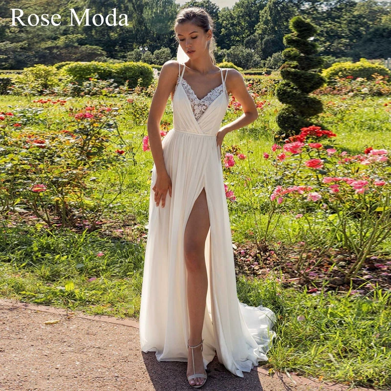 Rose Moda V Neck Criss Cross Back Boho Wedding Dress with Slit Chiffon Beach Bridal Gown Custom Make