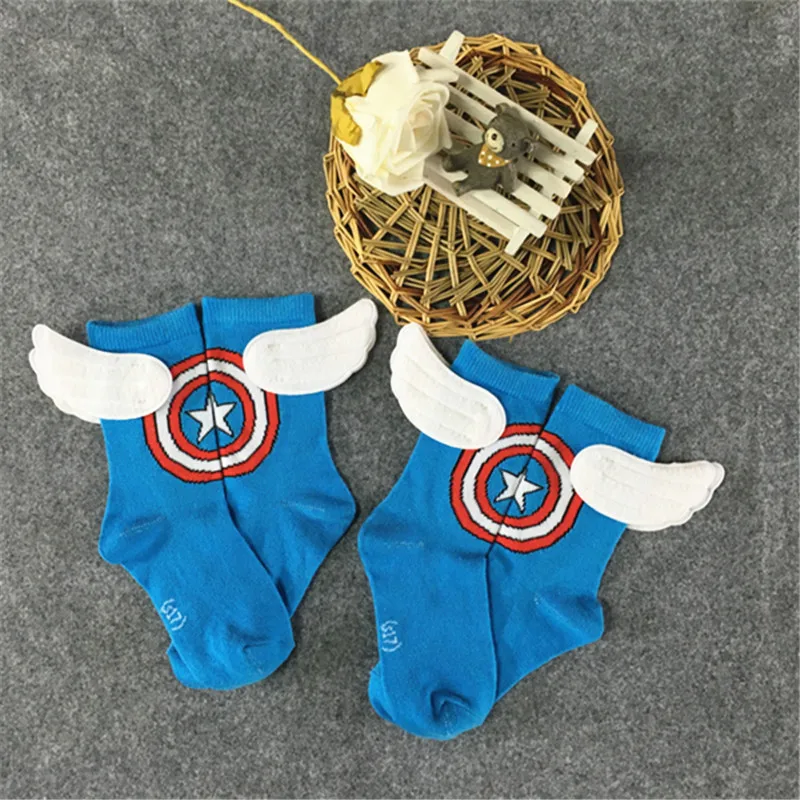 1 Pairs Boy Socks Men Cartoon Superhero Spider-man Captain America hand-stitched wings socks Casual Cotton Socks High Quality