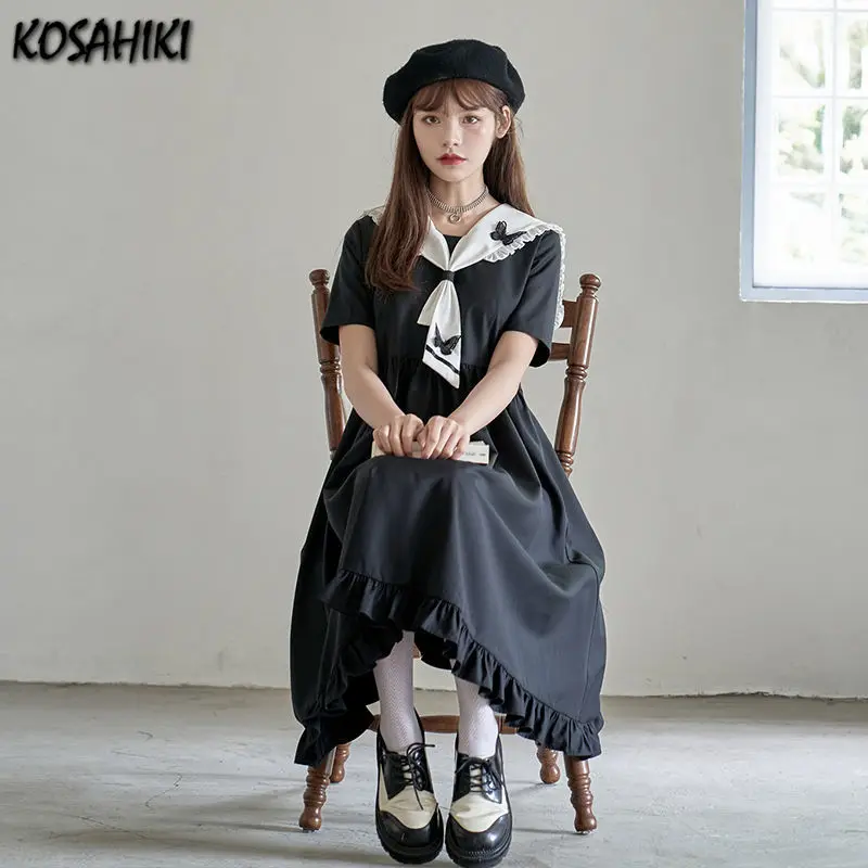 KOSAHIKI Japanese Harajuku Dark Gothic Lolita Dress Women Vintage Preppy Style Sweet Lace Turn Down Collar Loose Dresses Robe