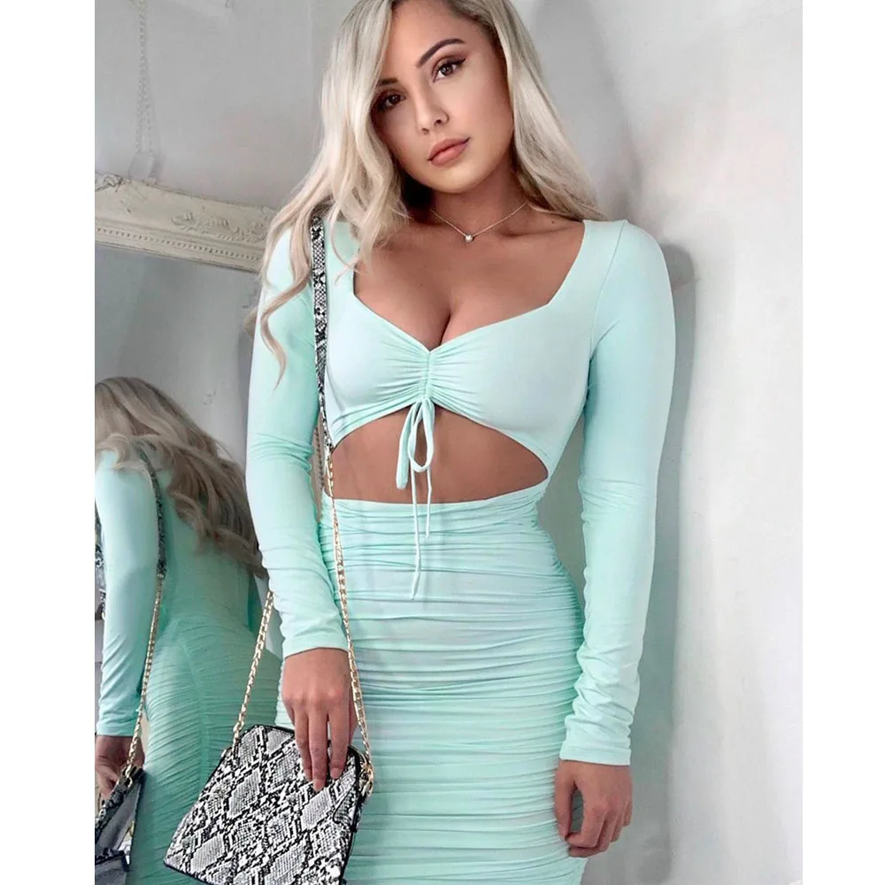 

Summer New Women's Turquoise Low-Collar V Collar Long-Sleeved Ruffled Bow Tie Mini Short Dress