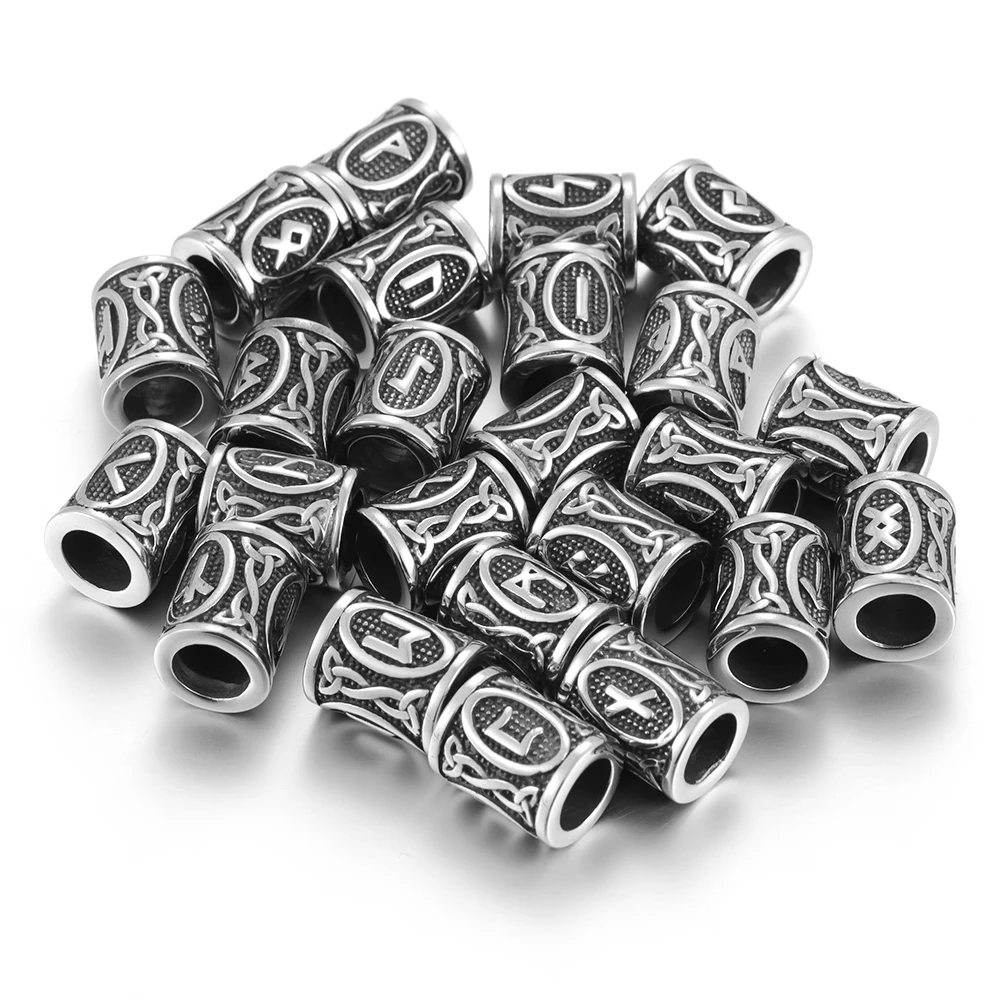 Stainless Steel Viking Rune Bead 8mm Large Hole Futhark Hair Beards Beads Bracelet Charm for DIY Jewelry Making Accessories