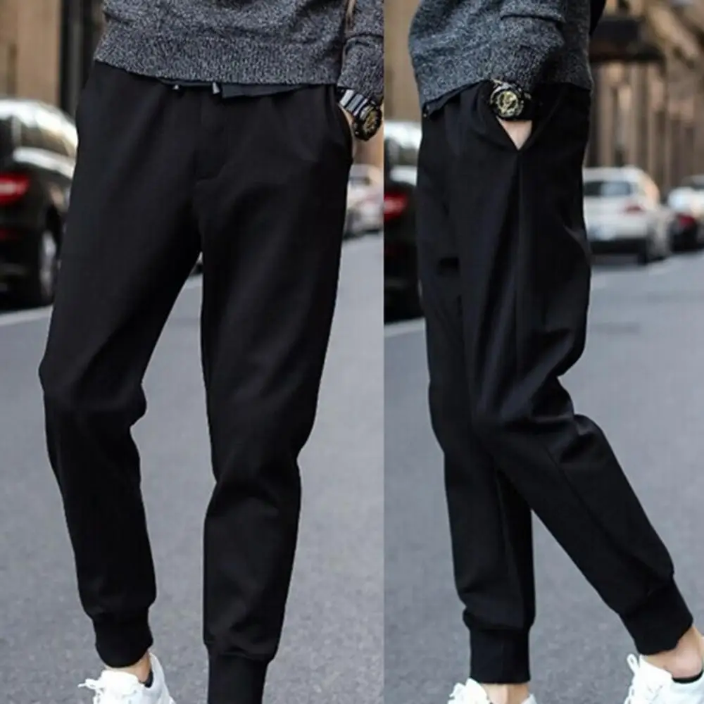 Casual Pencil Pants Men Drawstring Pockets Sports Pants Waist Ankle Tied Fitness Long Pencil Pants