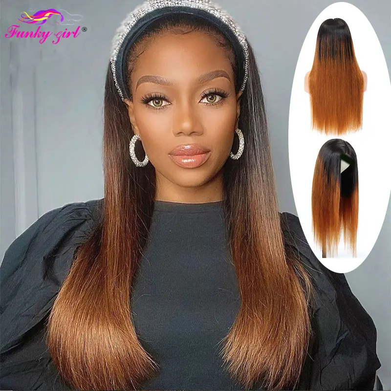 FG 1B/30 350 Colored Straight Headband Scarf Wig Brazilian 100% Remy Human Hair Straight Full Machine Made Wig 150% Density Hair