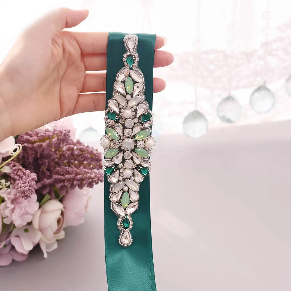 Gorgeous Green Rhinestone Wedding Belts Beaded Belts for Bridal Dress Custom Women Belt Jewelry Decorative Belt for Women