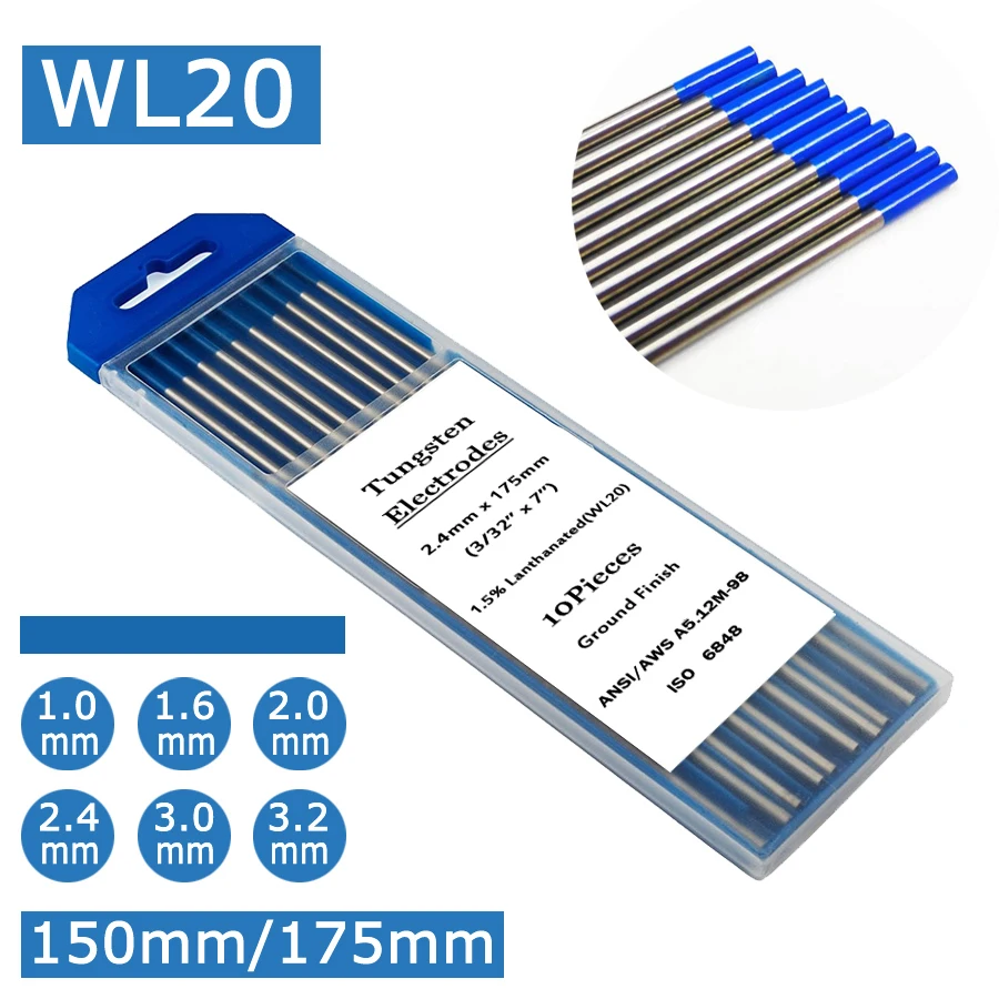 WL20 2% Lanthanated Tungsten Electrodes TIG Welding Rods 1.0/1.6/2.0/2.4/3.0/3.2 Welding Electrodes Low Temperature 150/175mm