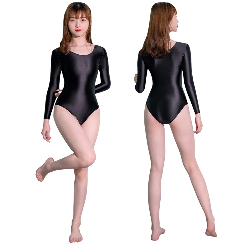 New Sexy women Silky Shiny High fork One-piece swimsuit Tights Oily Rompers Bodysuit  Plus size Crew neck top with bottoming