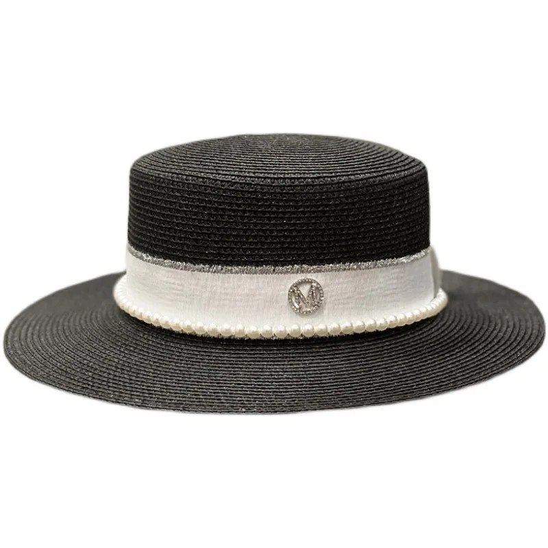 Sombrero de paja plano Retro para mujer, sombrero de paja de ala ancha de alta calidad con letras M, perla, transpirable, para viaje y playa