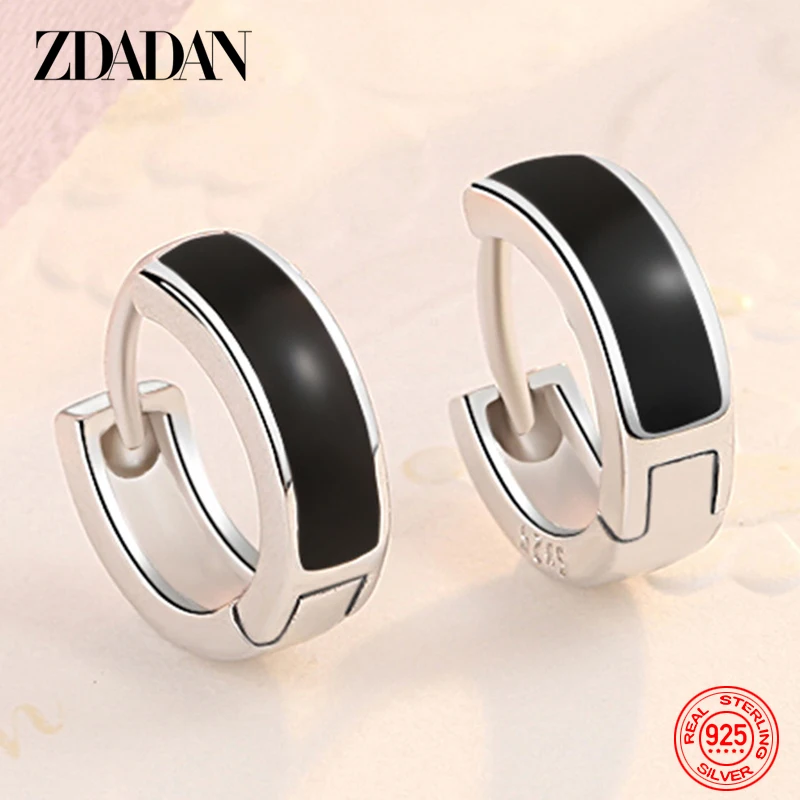 ZDADAN 925 Sterling Silver Black Hoop Earring For Women Party Birthday Gift Accessory Wholesale