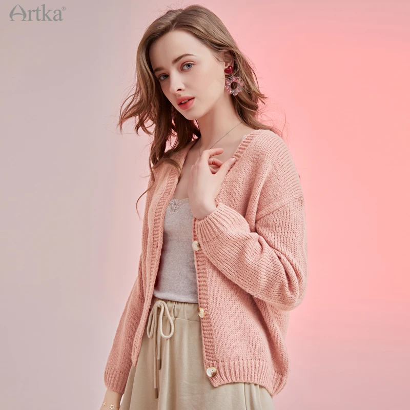 ARTKA 2021 Spring New Women Cardigan Elegant V-Neck Knitted Cardigan Sweaters Soft Loose Knitted Sweater Outerwear WB25110C