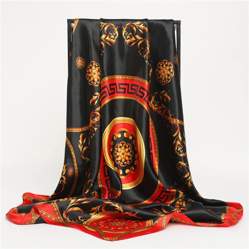 Women Silk Scarf Square Bandana Design Brand Headband Female Satin Hijab Shawl Wrap Kerchief Chain Print Foulard Tudung BAWAL