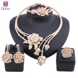 Accessori da sposa da sposa Color oro cristallo rosa fiore collana orecchini anello braccialetto donna dichiarazione Set di gioielli