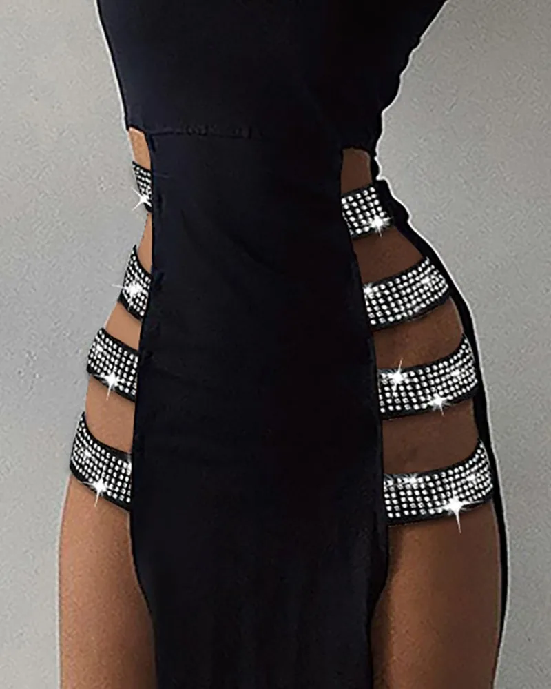 Hirigin Women Sexy Dress Elegant Lady Sleeveless Mock Neck Studded Bandage Side High Slit Cutout Night Club DressesSkin-Friendly