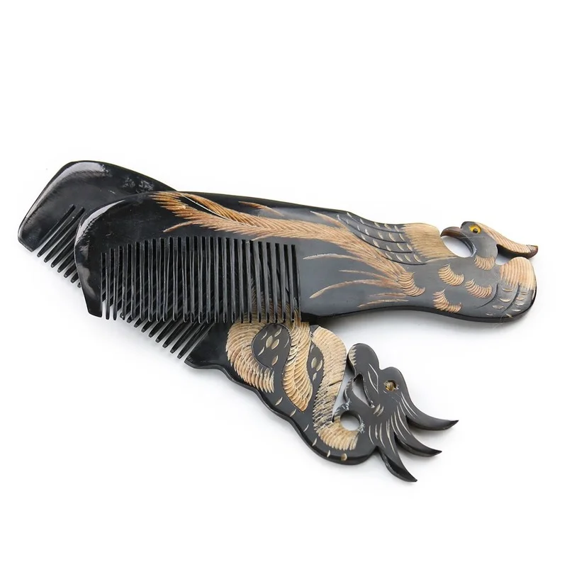 Massage Anti-static Combs Retro Natural OX Cow Horn Dragon Phoenix Peacock Comb Hair Brush Health Scalp Detangle Woman Gift