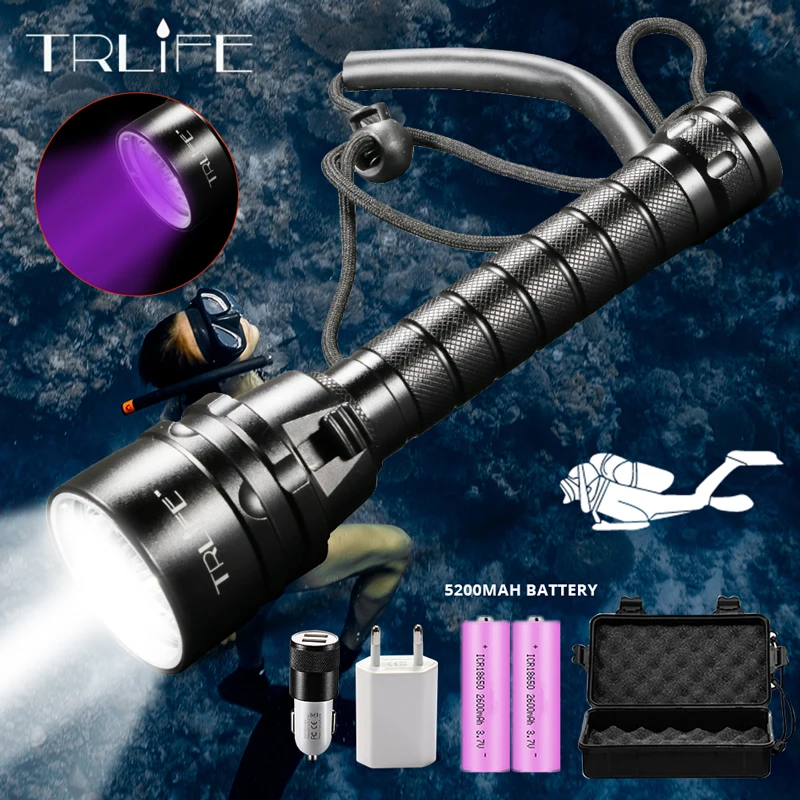 LED Diving Flashlight IP68 Waterproof Powerful LED Scuba T6 5L2 5UV Lantern Torch 200M Underwater Purple White Ultraviolet Light