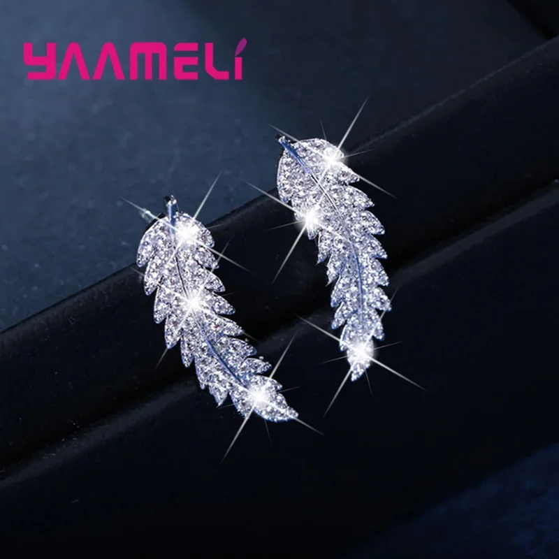 Hot Sale Korean Elegance Leaf Women Stud Earring 925 Sterling Silver Clear Rhinestone CZ Crystal Handemade Ear Brincos Pendiente