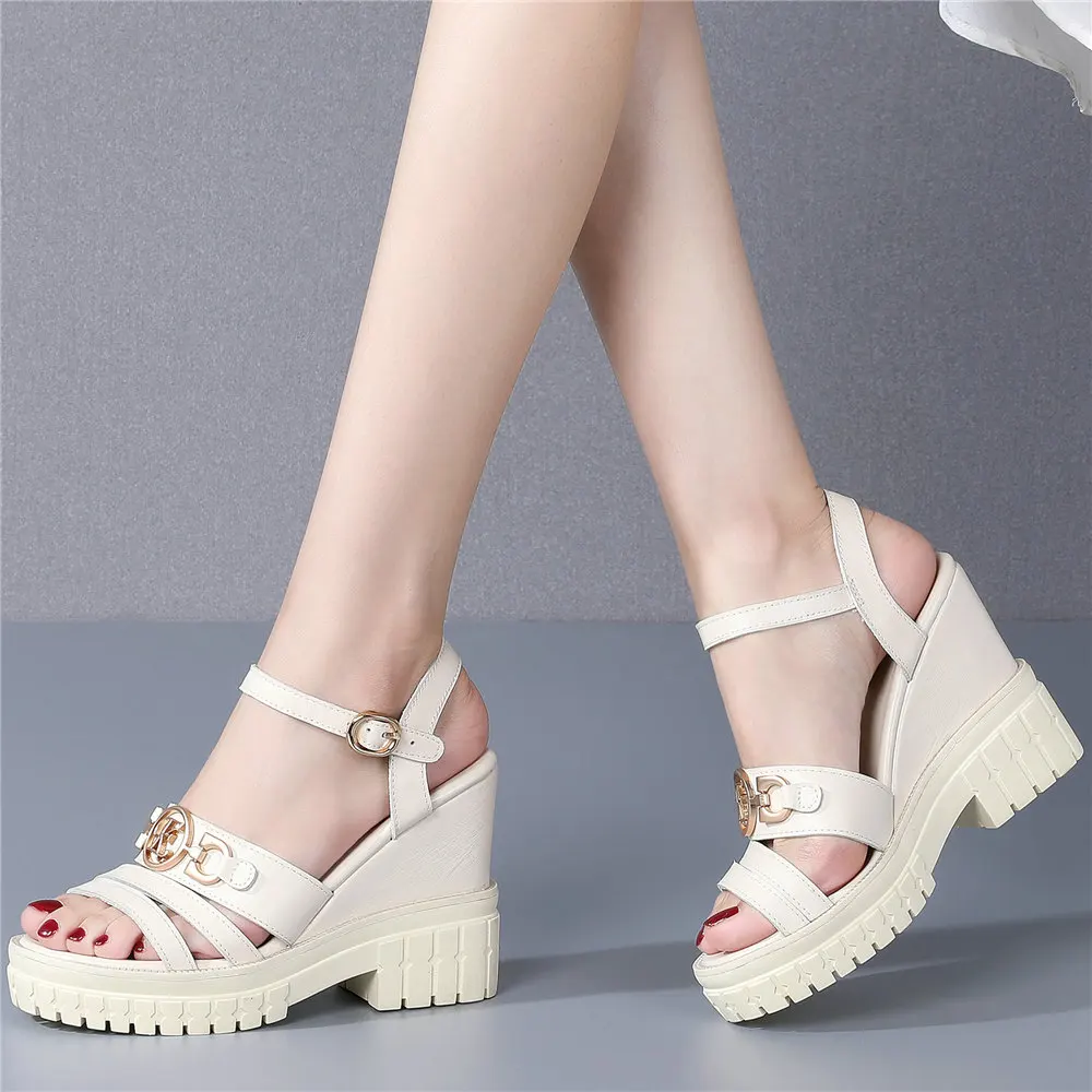 Buckle Shoes Women Genuine Leather Wedges High Heel Gladiator Sandals Female Summer Open Toe Platform Pumps Shoes Casual Shoes