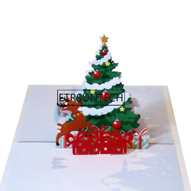 100pcs Christmas Holiday Postcards Cards 3D Popup Christmas Tree Greeting Card Invitations for New Year Festival