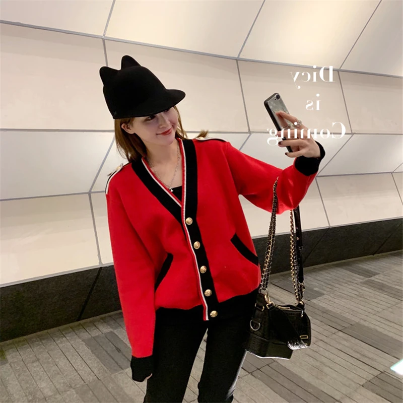 Contrasting Color Knitted Cardigan Women Loose Lazy Casual Red Sweater Coat V-neck Striped 2023 Autumn Winter Pockets Female