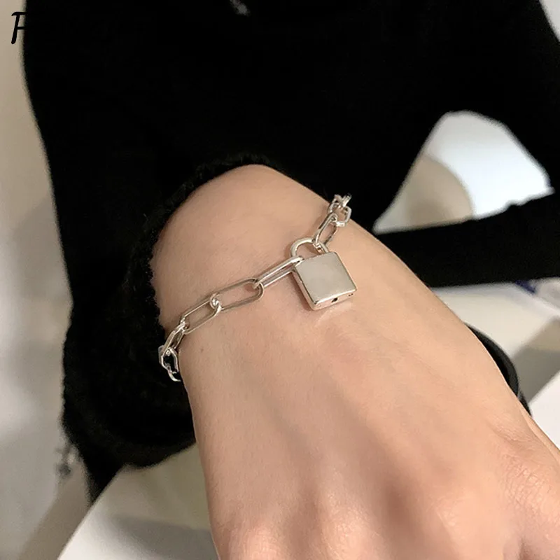 Foxanry Silver Color Bracelet for Women New Trendy Hip Hop Vintage Couples Lock Pendant Thick Chain Jewelry Birthday Gift