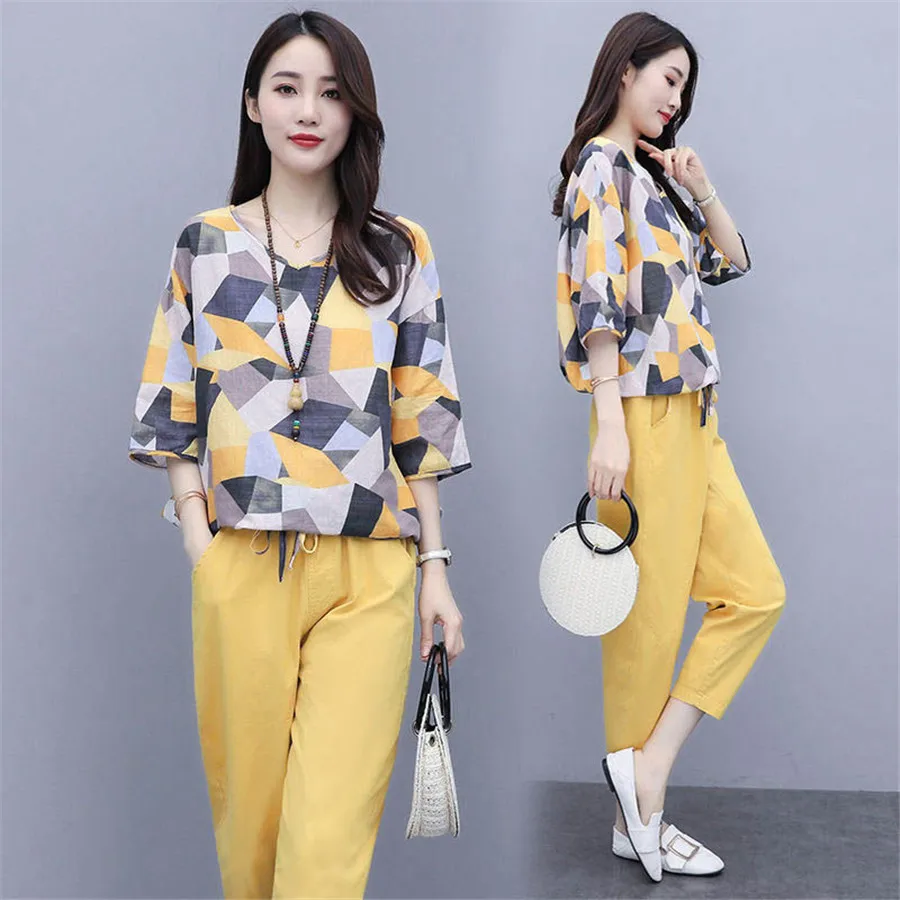 Summer two piece set Women Loose printed shirt Tops + pants suits office lady Fashion women's sets M-4XL