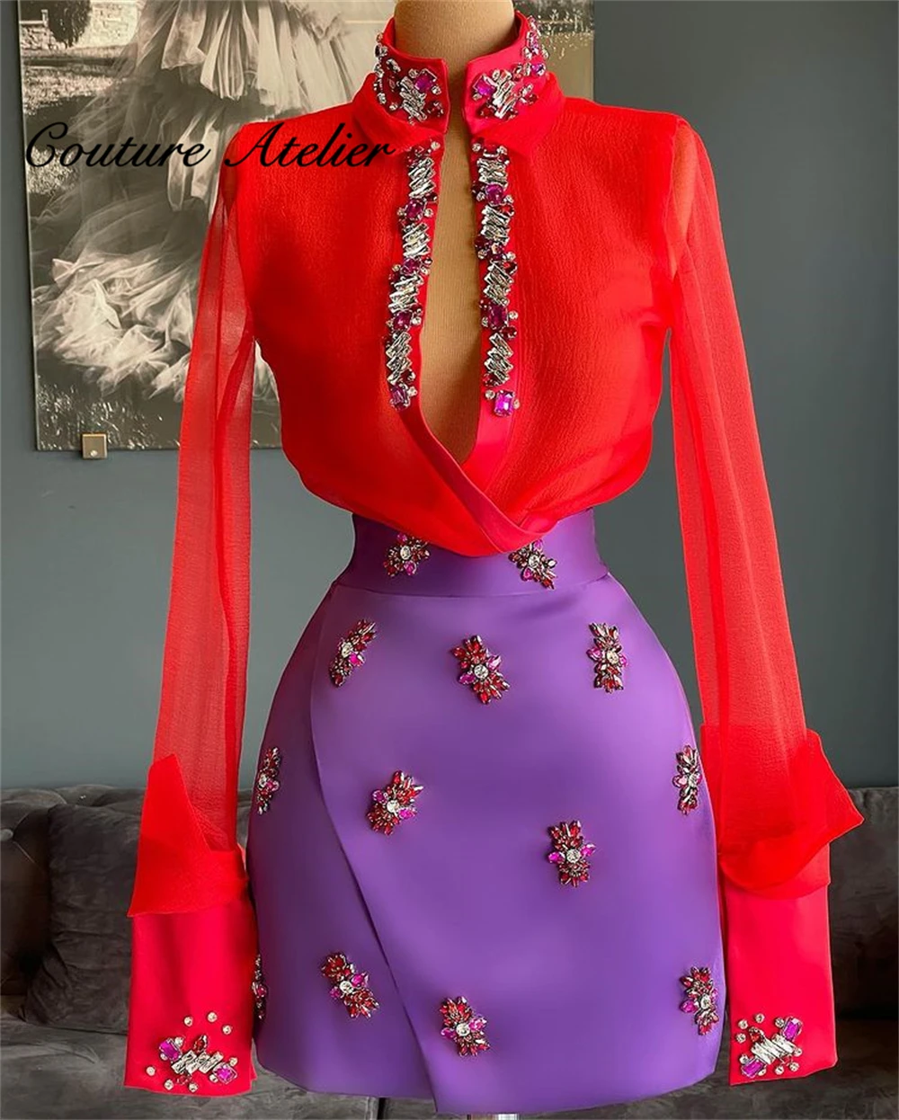 Red And Purple Mermaid Prom Dresses Two Pieces Homecoming Dress Beaded Crystals Long Sleeve Party Gown Mini Cocktail Customized