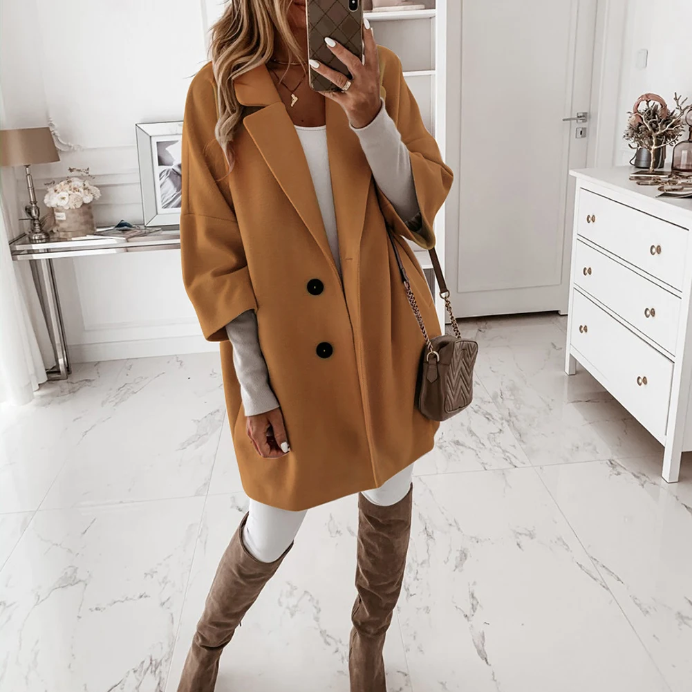 2020 Women Long Woolen Autumn Winter Coat Jacket Three Quarter Sleeve Loose Coat High Street Ofiice Ladies Long Jacket