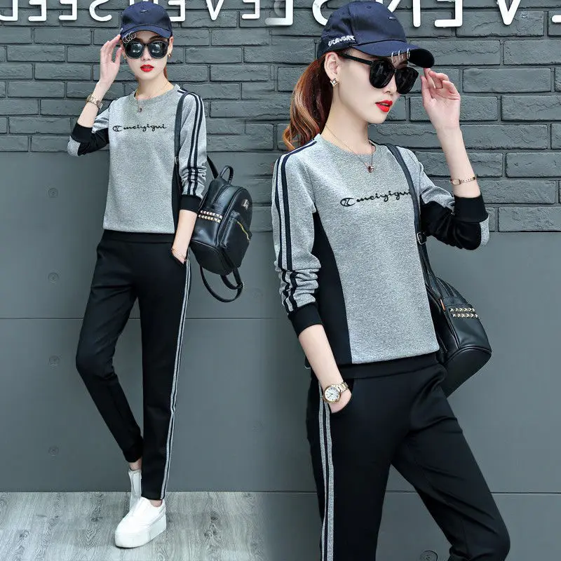 Fashion Sports Striped Slim 2piece Set Autumn New Hot Style Long Sleeve Running Women Two Piece Sets Pink Gray Orange Clothes