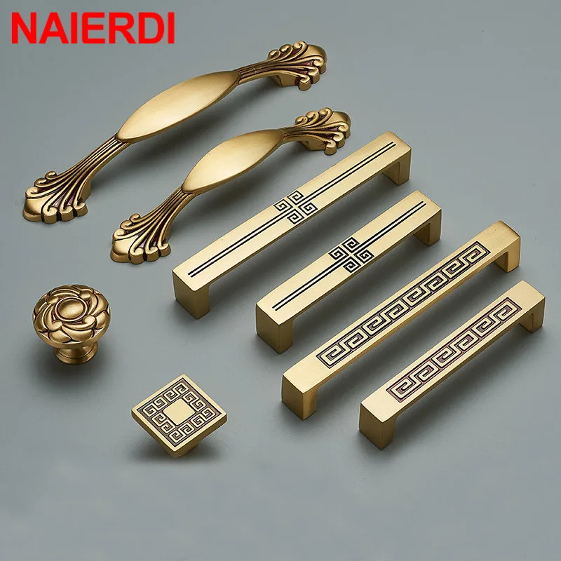 NAIERDI Gold Pure Copper Kitchen Cabinet Handles Cupboard Door Pulls Drawer Knobs European Vintage Brass Furniture Handle