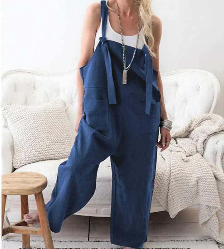 Women\'s Linen Dungarees Harem Strap Pant Loose Jumpsuit Baggy Trousers Overalls