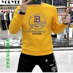 Men's Hoodies European Long Sleeve Top Slim Hot Diamonds Trend Comfortable Casual Inside Sweater 2024 Autumn Winter New Clothes