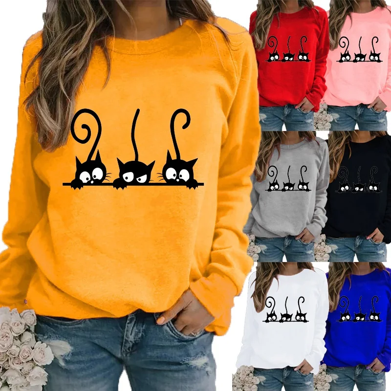 

Women Winter New Fashion Long Sleeved Casual Round Neck Black Cats Printed Loose Sweatshirt Tops & Blouses Plus Size T-shirts