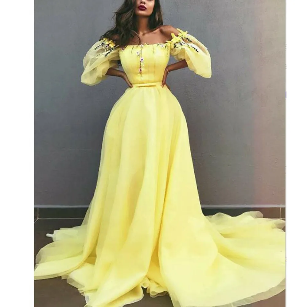 Pretty 2020 Lemon Yellow Floral Evening Dresses With Puffy Full Sleeves Fashion A-line Evening Gows Slash Neck Off Shoulder