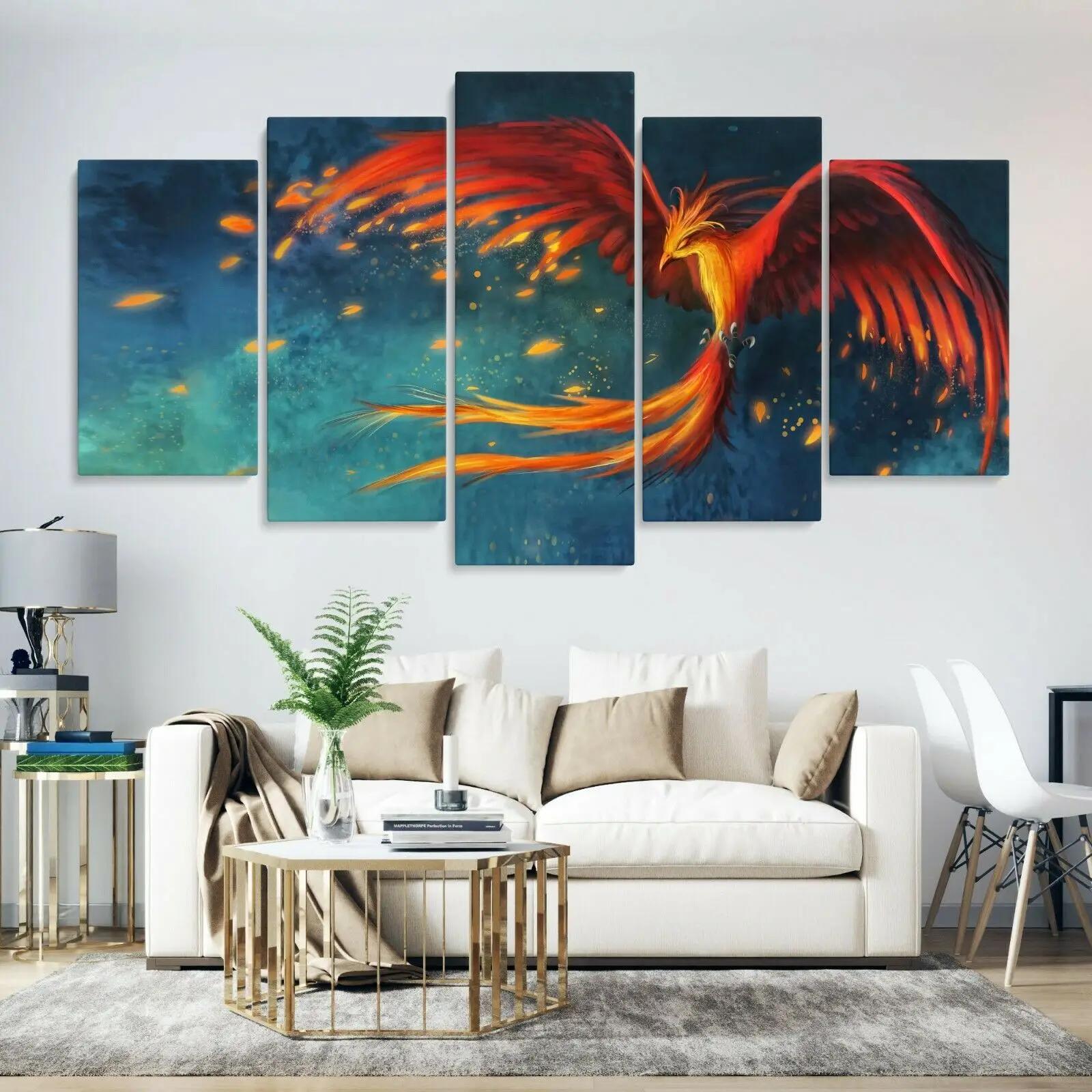 

No Framed 5 Panel Mystic Wild Fantasy Flying Phoenix Bir Print Poster Canvas Art Modular Pictures Wall Art for Living Room Decor