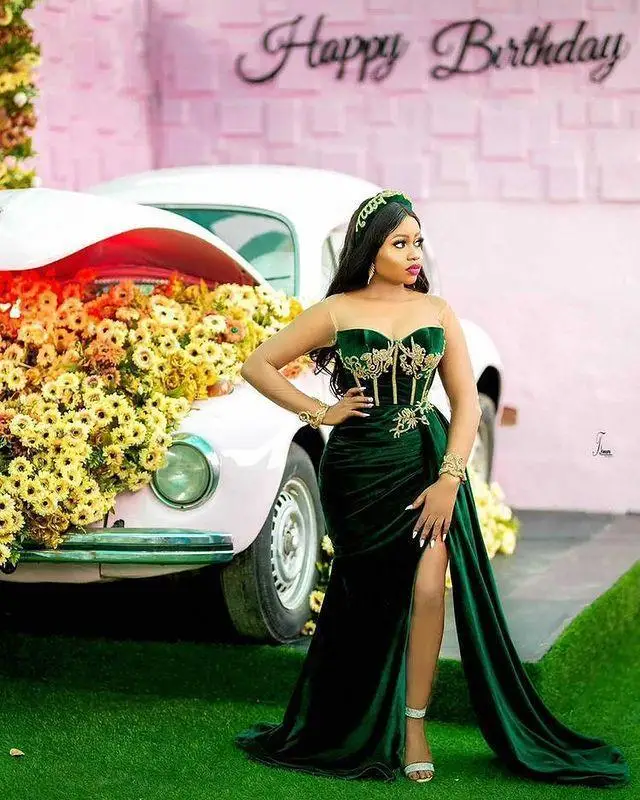 2022 esmeralda verde africano vestidos de festa de formatura sexy fenda querida árabe aso ebi veludo plus size vestido de noite ocasião vestir