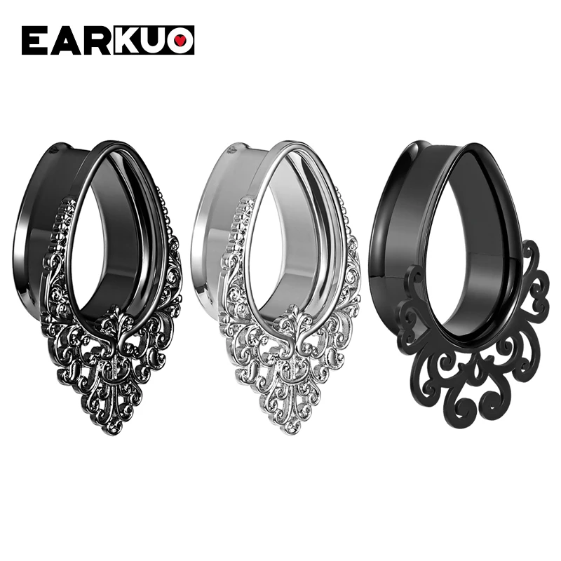 EARKUO New Trendy Water Drop Flower Vine Shell Stainless Steel Ear Piercing Plugs Expanders Body Jewelry Ear Gauges Tunnels 2PCS