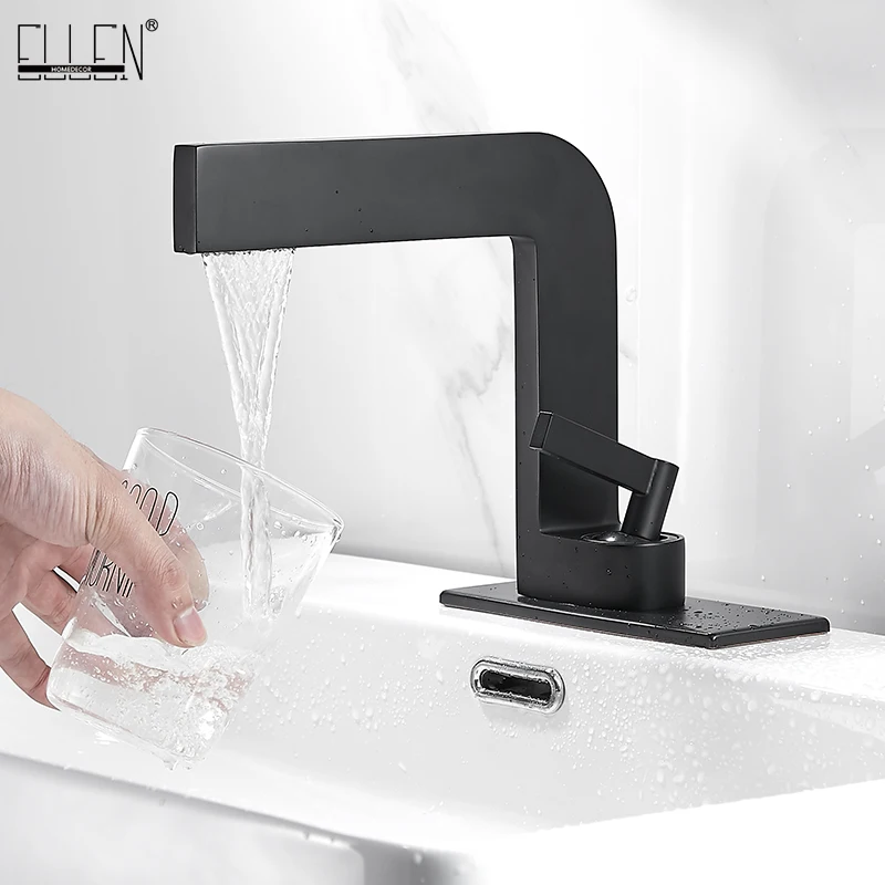 

ELLEN Square Hot Cold Bathroom Basin Sink Faucets Black Water Deck Mounted Mixer Tap Single Handle Crane ELF3232