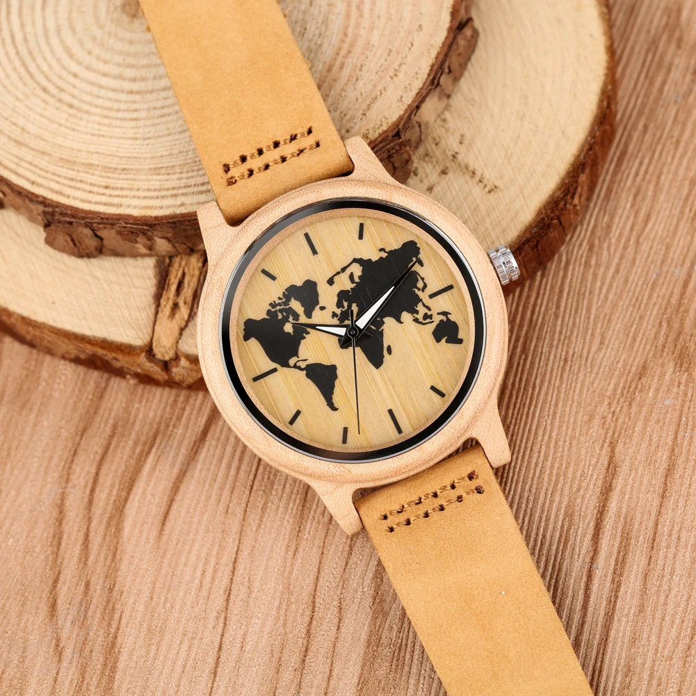 Simple Art Ink Maple World Map Pattern Dial Watch Women\'s Wood Watch Leather Band Casual Quartz Wooden Wristwatches Ladies Clock